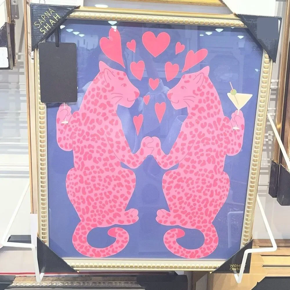 Sapna Shah Pink Cheetah Lovers Heart Drinking Martini with Gold Frame